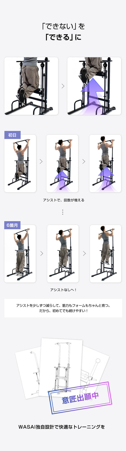 WASAI MK-TH300 アシスト付き懸垂マシン｜左右計8本バンドで補助調整・高さ10段階・耐荷重150kg（ディップス/プッシュアップ対応）